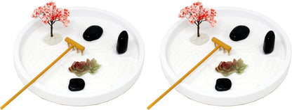 Nature's Mark Mini Zen Garden Kit for Desk with Rake, White Sand, Lotus Figures, White Round Base, Black River Rocks and Mini Blossom Tree (8Lx8W Round B)