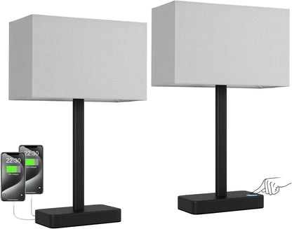 Hong-in Touch Lamps for Bedroom - 3-Way Dimmable Bedside Lamps Set of 2 with USB C+A, Grey Modern Table Lamp for Night Stands, Desk Lamp for Living Room Nightstand End Tables Bed Side