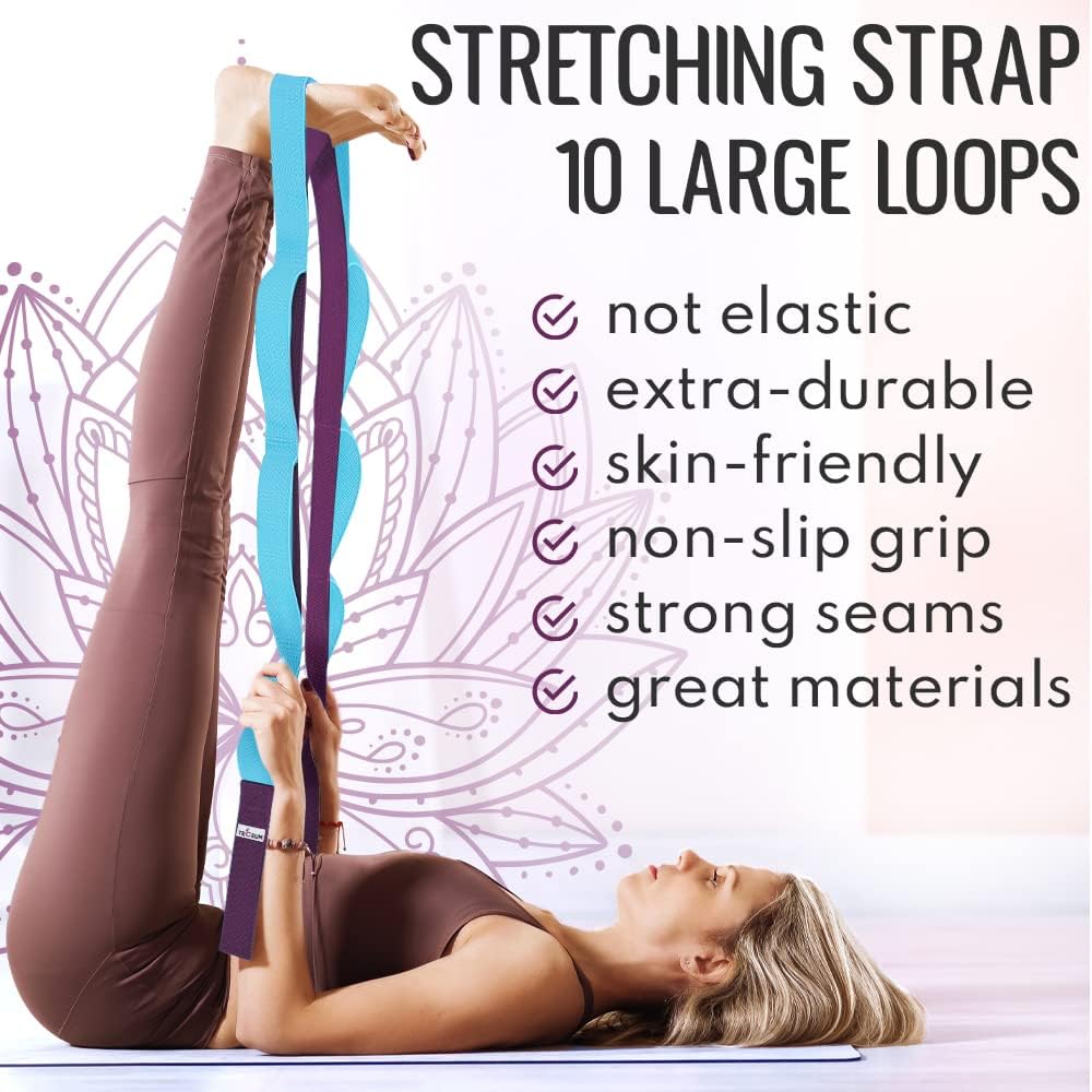 TECEUM Stretching Strap with 10 Loops for Physical Therapy & Rehab | Non-Elastic Yoga Stretch Band for Hamstring, Leg, Hip & Knee Rehab, Pilates, Flexibility & Mobility Exercises for Men & Women