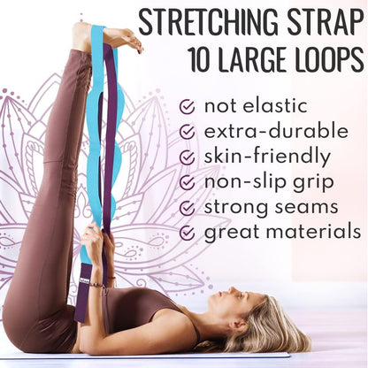 TECEUM Stretching Strap with 10 Loops for Physical Therapy & Rehab | Non-Elastic Yoga Stretch Band for Hamstring, Leg, Hip & Knee Rehab, Pilates, Flexibility & Mobility Exercises for Men & Women