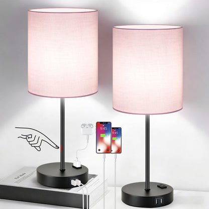 Set of 2 Touch Control Table Lamps with 2 USB & AC Outlet, 3-Way Dimmable Bedside Nightstand Lamps for Bedroom Living Room Nursery, 800 Lumens 5000K Daylight Bulbs Included