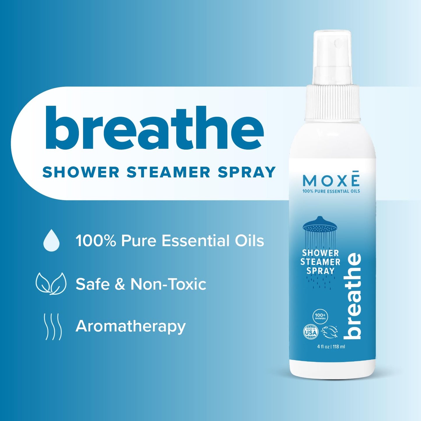 MOXĒ Eucalyptus Oil Shower Mist, Spa Steam Spray, Certified Natural 100% Essential Oils, Made in USA, Aromatherapy, Sinus Congestion Relief, Tension Relief, 4 Ounces