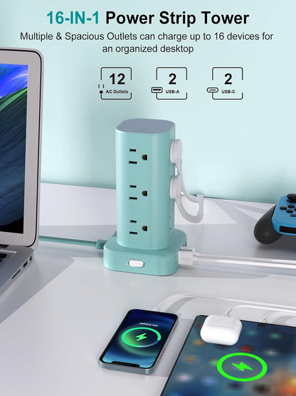 6FT Power Strip Tower Surge Protector, 12 Wide Spaced Outlets, 4 USB