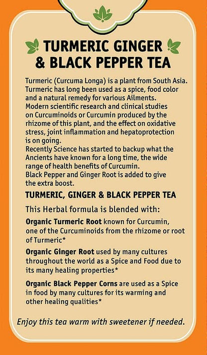 Herbal Cup Ayurveda Turmeric Tea, Organic Ginger & Black Pepper, No Caffeine Herbal Supplement (16 Count, Pack of 6)