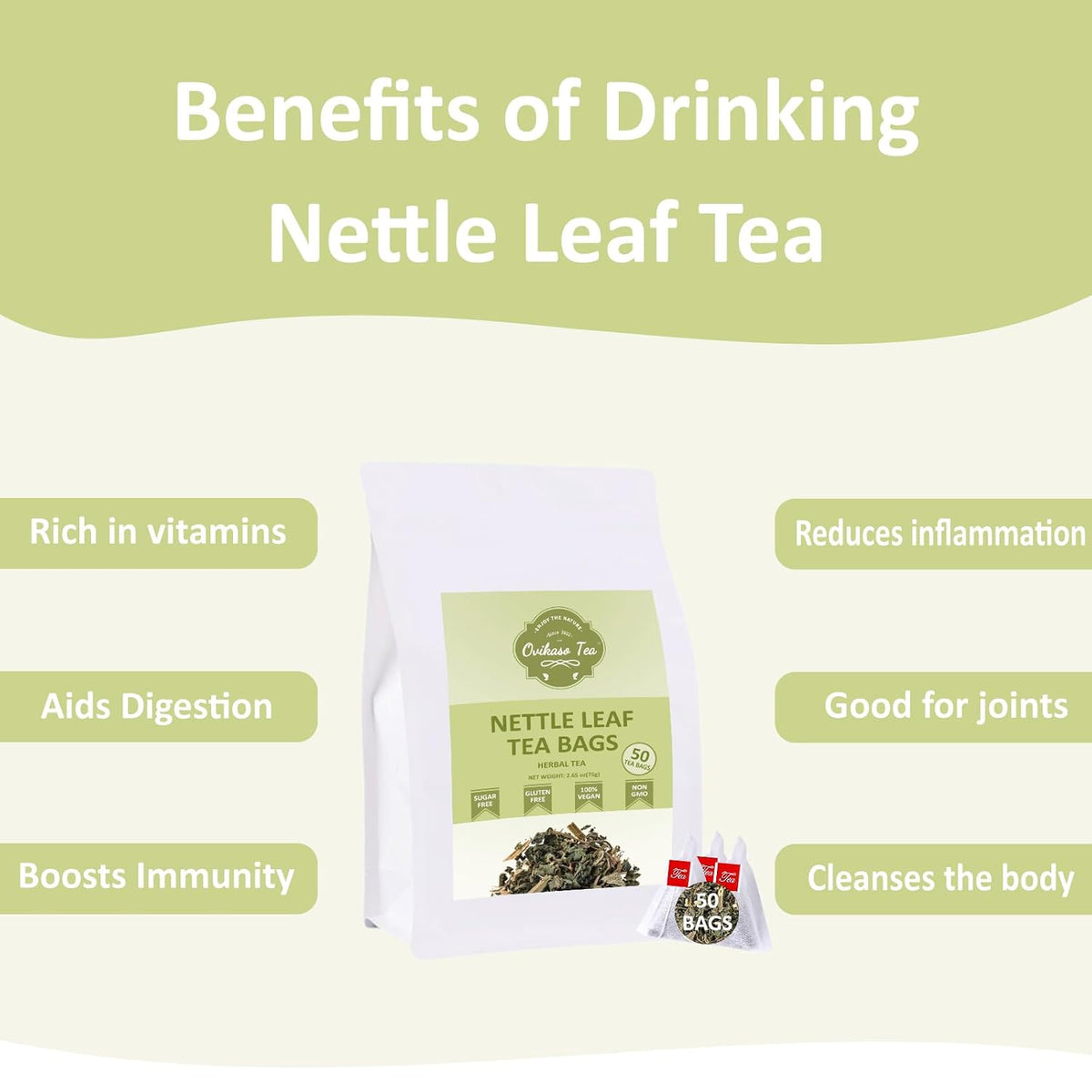 Ovikaso Tea, Nettle Leaf Tea Bags, 50 Pyramid Tea Bags, 1.5g/bag, Natural Stinging Nettle Tea, Direct from Source, Rich in Antioxidants & Support Bone Health, Herbal Tea