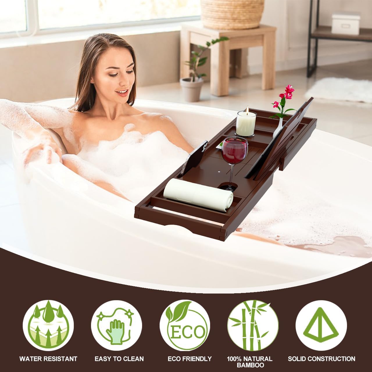 Premium Bamboo Bathtub Tray Caddy - Bath Tub Tray Table for Bathtub - Bath Caddy Tray for Bathtub, Expandable Size, Fits Most Bath Tubs