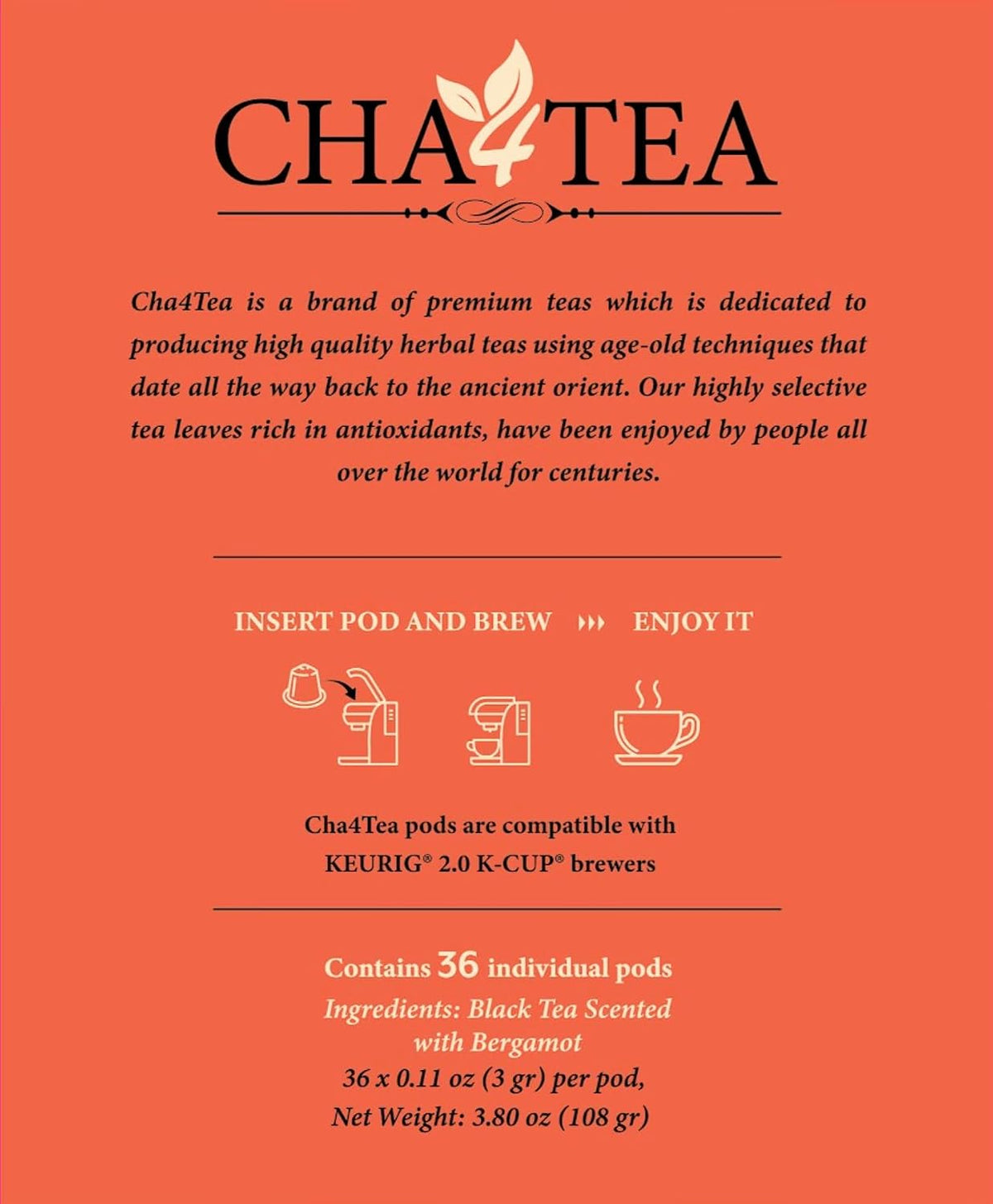 Cha4TEA 36-Count Earl Grey Tea Pod Compatible with Keurig K-Cup Brewers