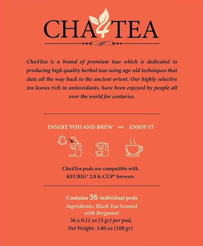 Cha4TEA 36-Count Earl Grey Tea Pod Compatible with Keurig K-Cup Brewers
