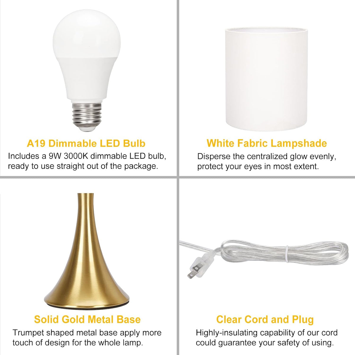 3 Way Touch Control Table Lamp, Dimmable Bedside Desk Lamp with Metal Base Modern Nightstand Lamp Stylish Grey Shade Simple Side Table Lamp for Bedroom, Living Room, Office or Den LED Bulb Included