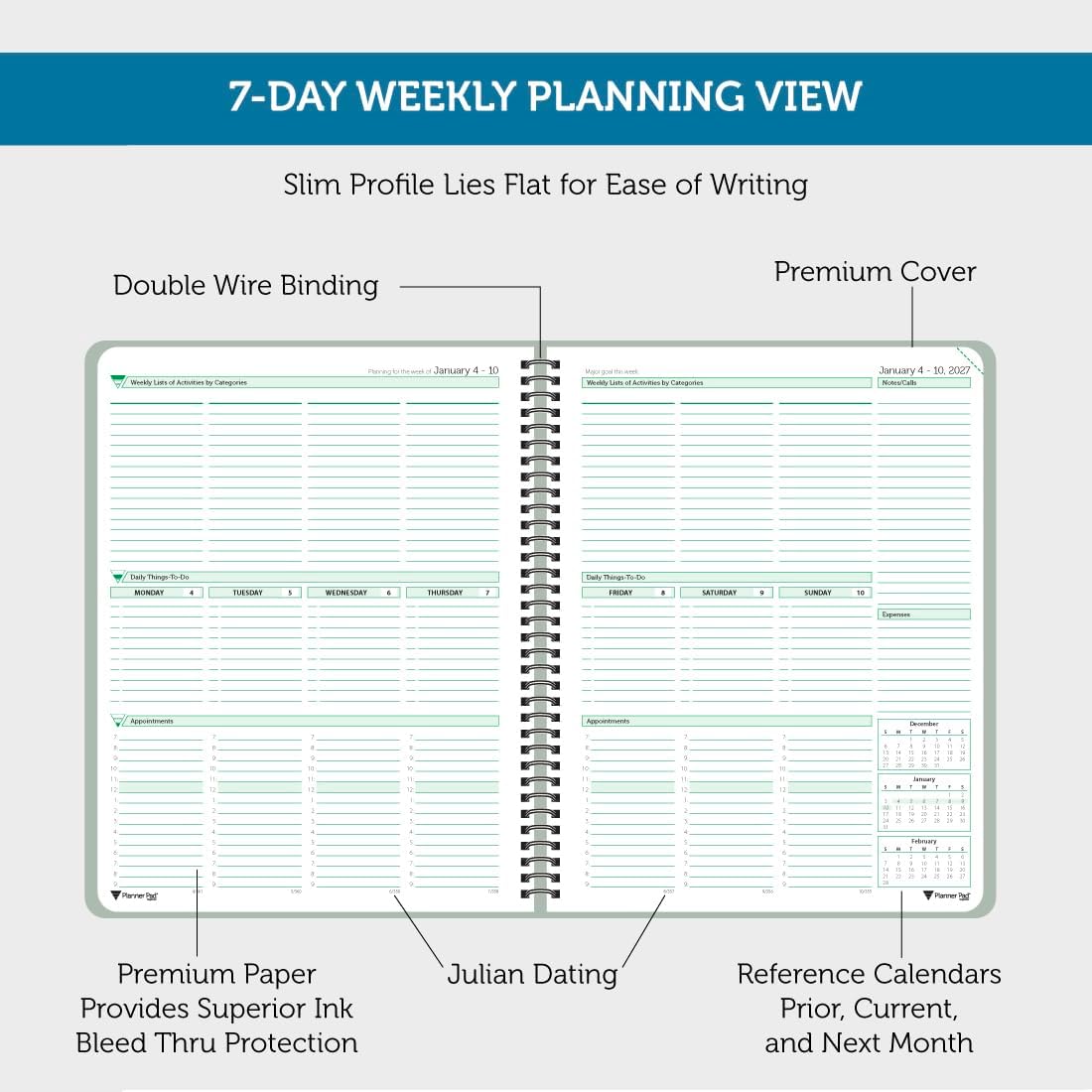 Planner Pad Spiral Bound July 2026 – June 2027 / Academic Year 8 1/2" x 11" Large 3-Tier Funnel Down 12 Month/Weekly Size Organizer, Greenish Grey Cover/Soft Green Ink