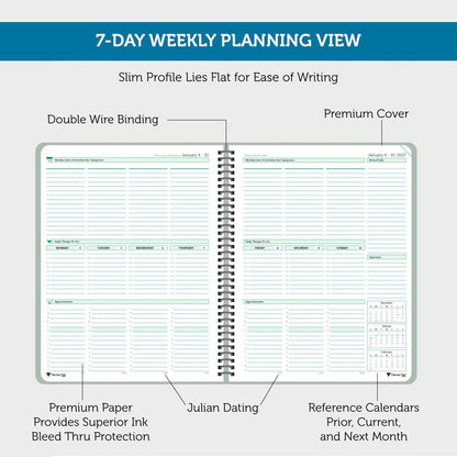 Planner Pad Spiral Bound July 2026 – June 2027 / Academic Year 8 1/2" x 11" Large 3-Tier Funnel Down 12 Month/Weekly Size Organizer, Greenish Grey Cover/Soft Green Ink