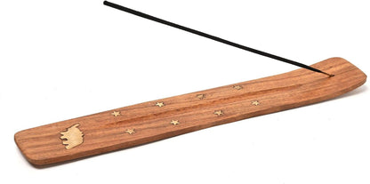 Wooden Incense Holder for Sticks with Inlays of Brass Crescent Moon 10 inches Long