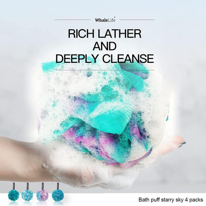 WhaleLife Loofah Bath Sponges - Black Gentle Exfoliating Shower Loofah for Rich Lather, Durable Mesh Body Scrubber for Men & Women 4 Pack