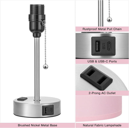 Small Bedside Table lamp for Bedroom - 3 Color Temperatures Bedside Lamps with USB C and A Ports, Pull Chain Table Lamps with AC Outlet, White Nightstand Lamps with Black Metal Base for Kids Reading