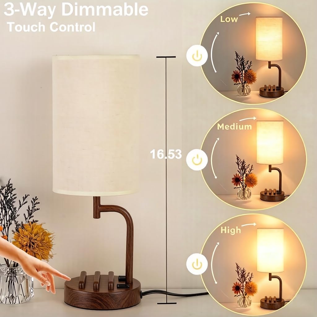 Dreamholder Touch Control USB Table Lamp with USB C/A & AC Outlet, 3-Way Dimmable Bedside Lamp, Modern Nightstand Lamps for Bedroom Living Room Guest Room Office, Bulb Included, Gold