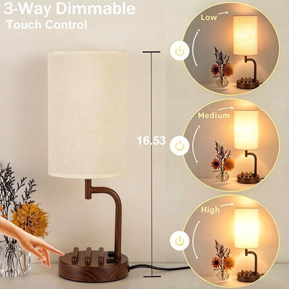 Dreamholder Touch Control USB Table Lamp with USB C/A & AC Outlet, 3-Way Dimmable Bedside Lamp, Modern Nightstand Lamps for Bedroom Living Room Guest Room Office, Bulb Included, Gold
