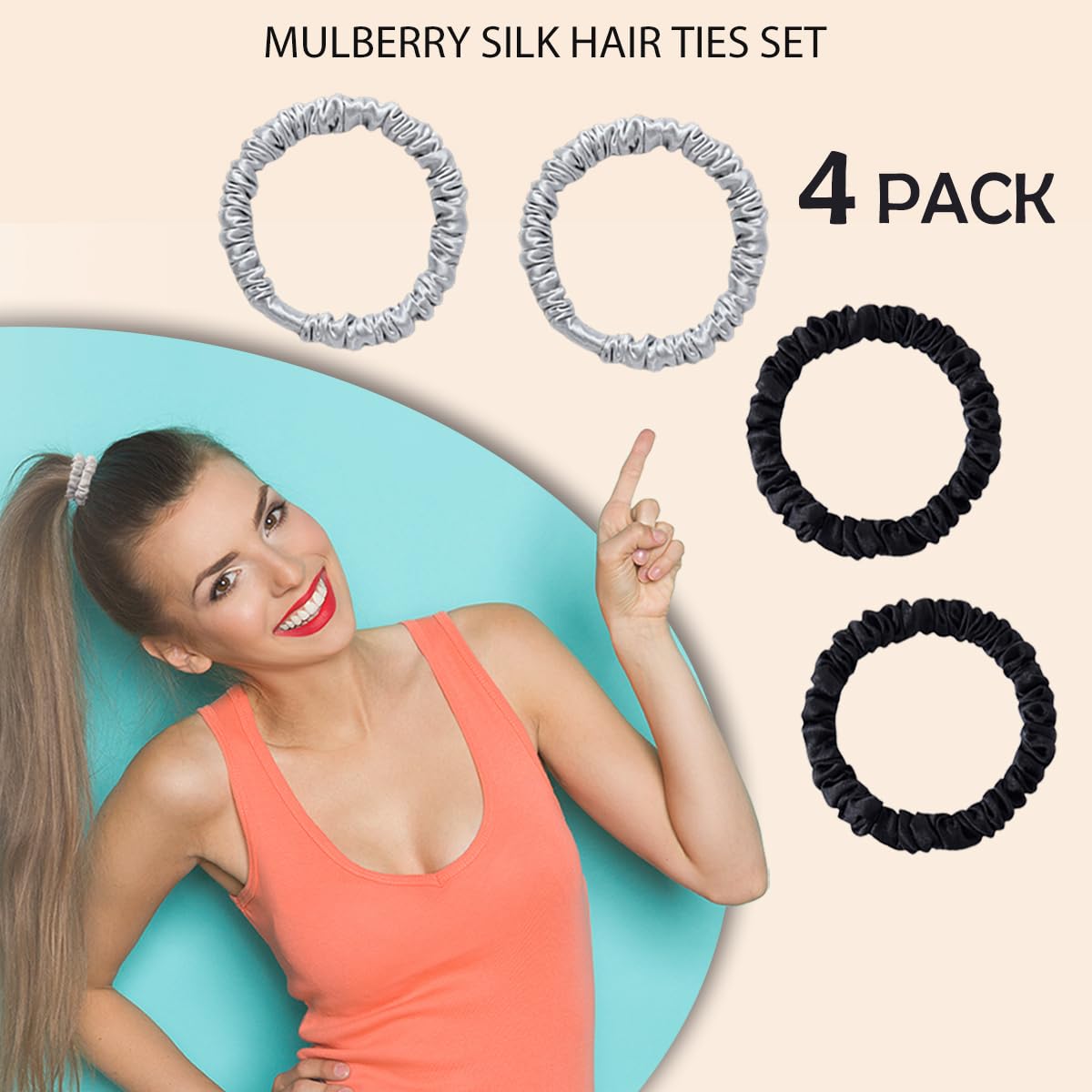 22 Momme 100% Pure Mulberry Silk Scrunchies (4 PCS) - Small Hair Elastics and Ties for Women, Sleep Hair Care, No Damage, Black