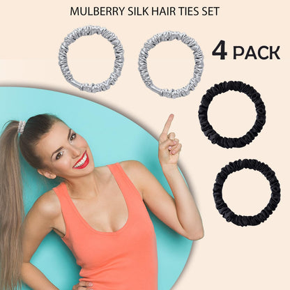 22 Momme 100% Pure Mulberry Silk Scrunchies (4 PCS) - Small Hair Elastics and Ties for Women, Sleep Hair Care, No Damage, Black