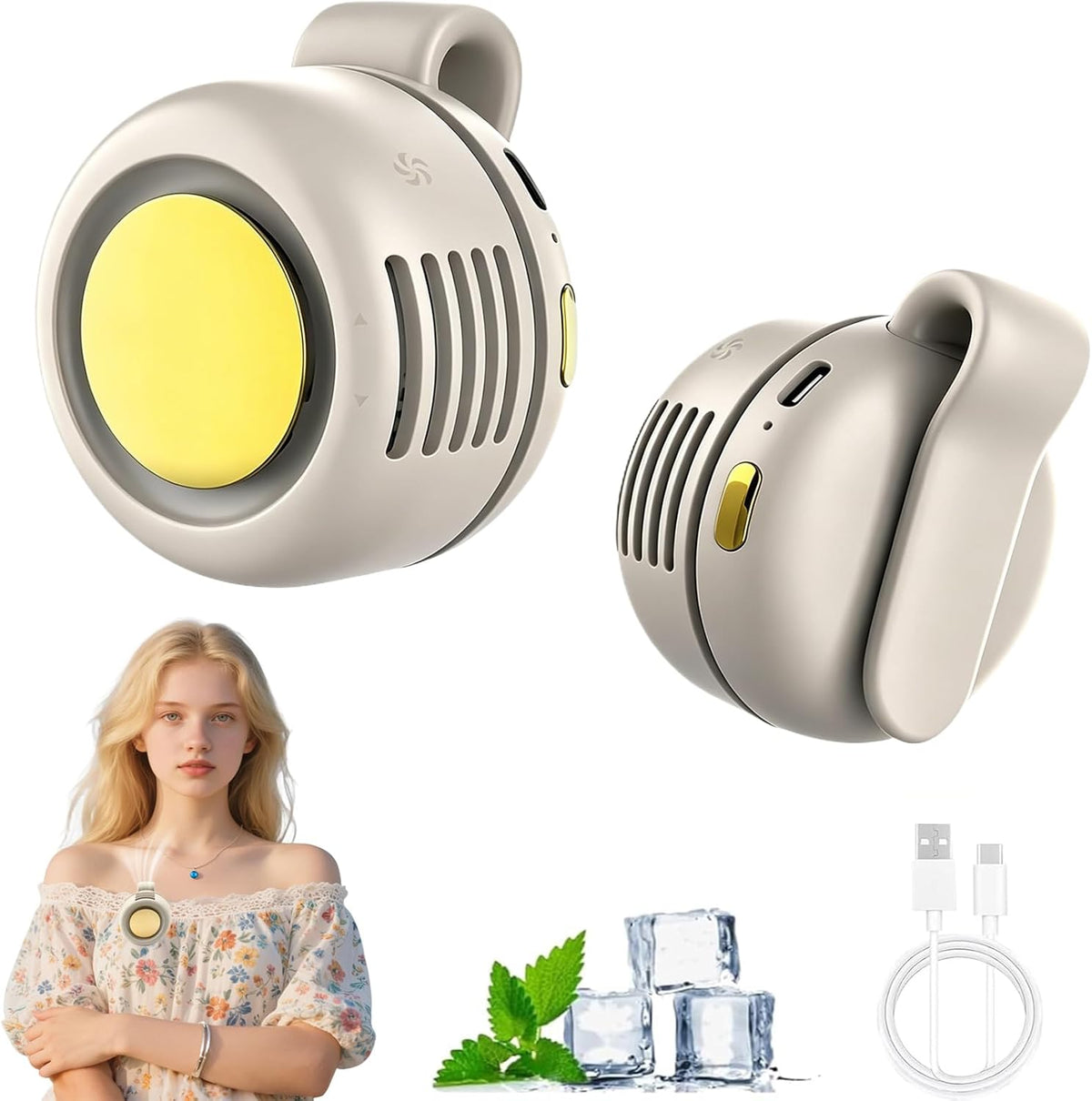 Personal Fan, Portable Clip On Fan for Shirt, USB Rechargeable, White