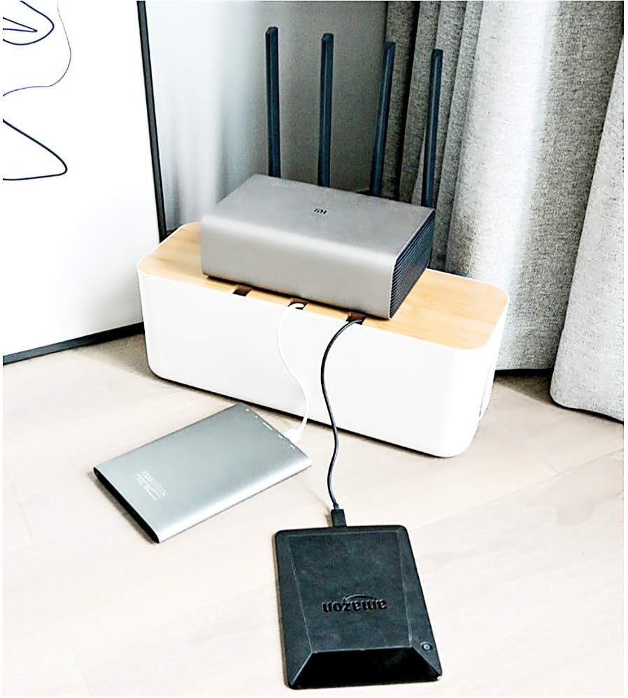 Cable Management Box with Bamboo Lid, Small Power Strip Organizer, Black