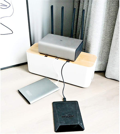 Cable Management Box with Bamboo Lid, Small Power Strip Organizer, Black