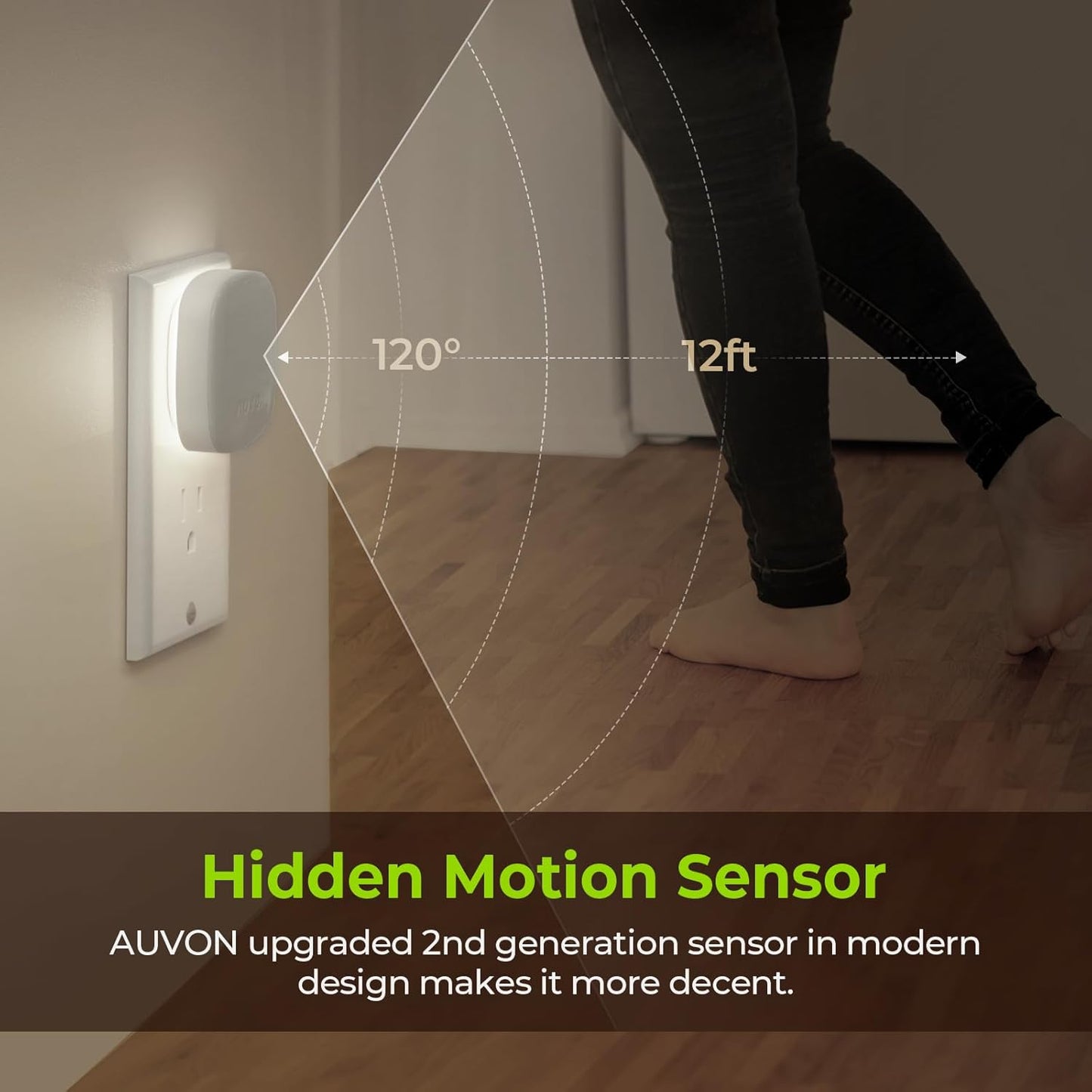AUVON 4 X Plug-in LED Backlit Night Light with Motion & Dusk to Dawn Sensor | 2200K Soft Warm White Nightlight with 1-50lm Dimmable Brightness for Adults & Kids' Bedroom, Bathroom, Hallway