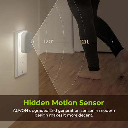 AUVON 4 X Plug-in LED Backlit Night Light with Motion & Dusk to Dawn Sensor | 2200K Soft Warm White Nightlight with 1-50lm Dimmable Brightness for Adults & Kids' Bedroom, Bathroom, Hallway