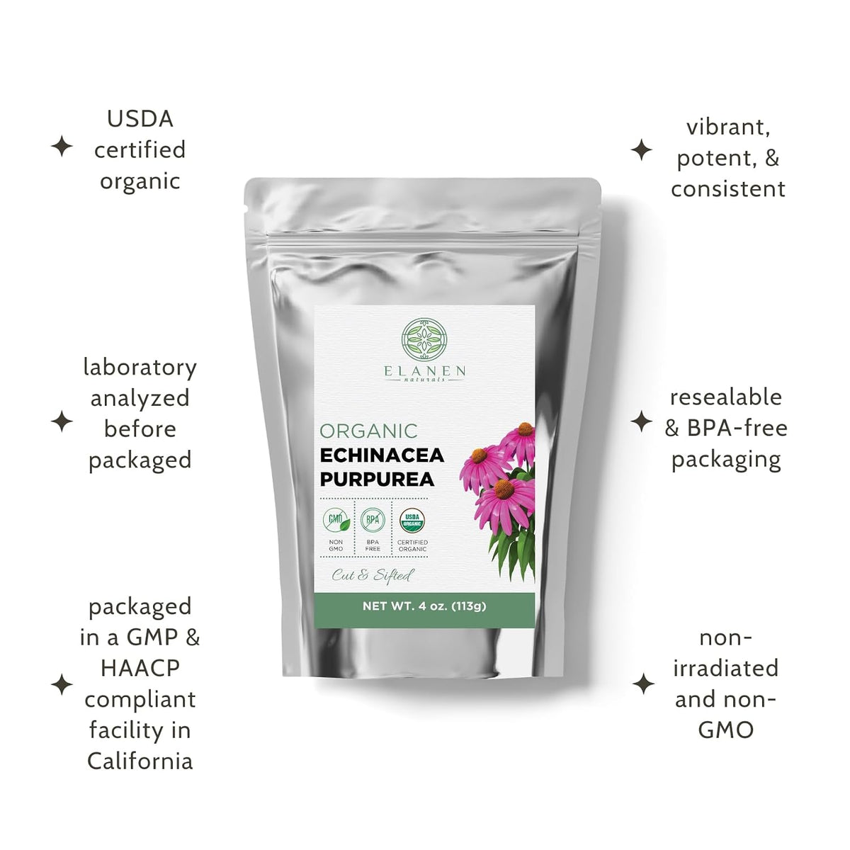 Organic Echinacea Purpurea 4 oz. (113g), USDA Certified Dried Echinacea Tea, Premium Quality Herb, Purple Coneflower, Cut & Sifted
