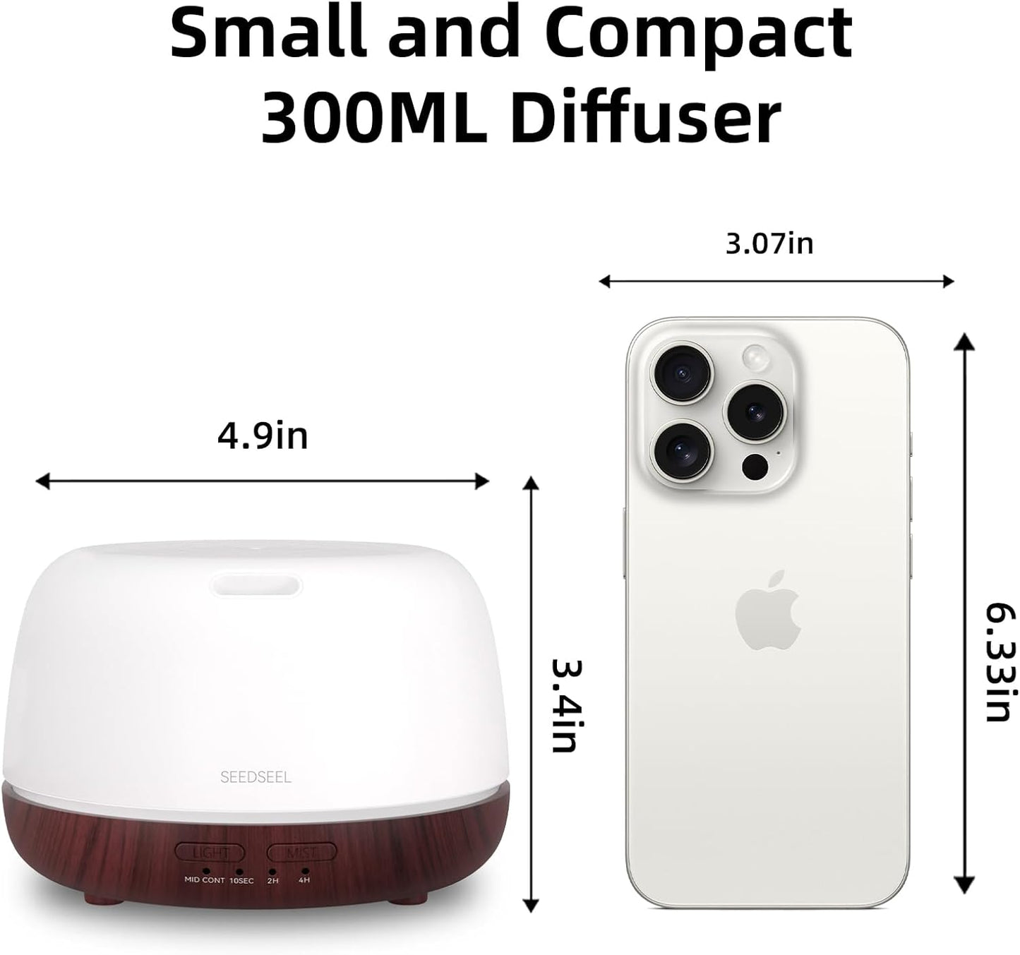 SEEDSEEL 300ML Essential Oil Diffuser with 7-Color LED Lights and Remote Control, Modern Minimalist Design, High-Efficiency Ultrasonic Mist Aromatherapy Diffuser for Home