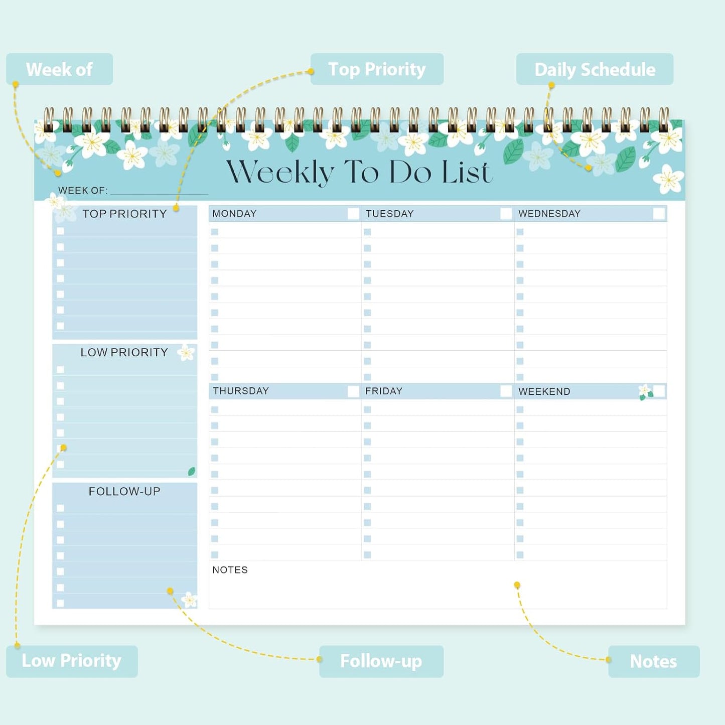 Weekly To Do List Notepad, Undated Planner with 52 Sheets (8.5''x11'') | Desk Accessories and Supplies, Women & Man, Home School & Work