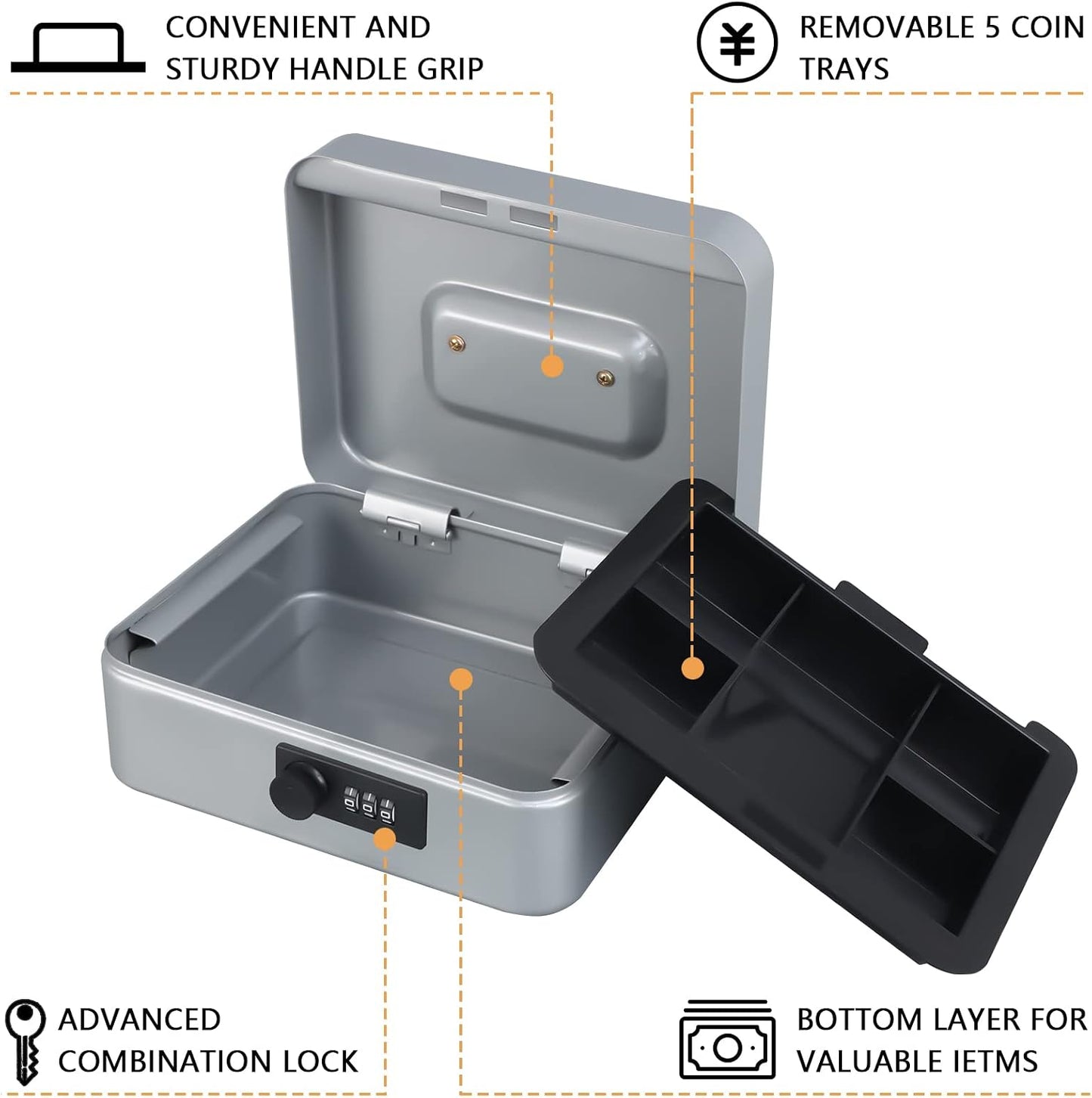 KYODOLED Small Cash Box with Combination Lock & Removable Money Tray, Black