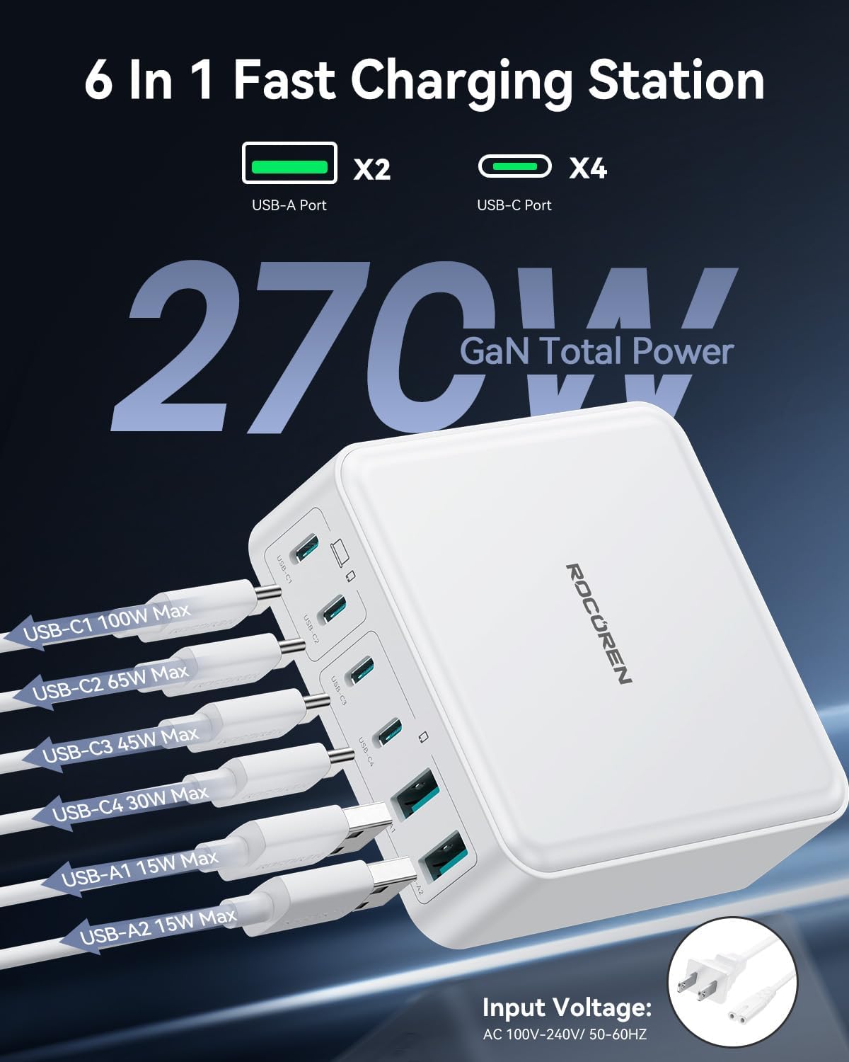 Rocoren 480W GaN 10‑Port Charging Station, PD 100W Fast USB‑C Charger Hub