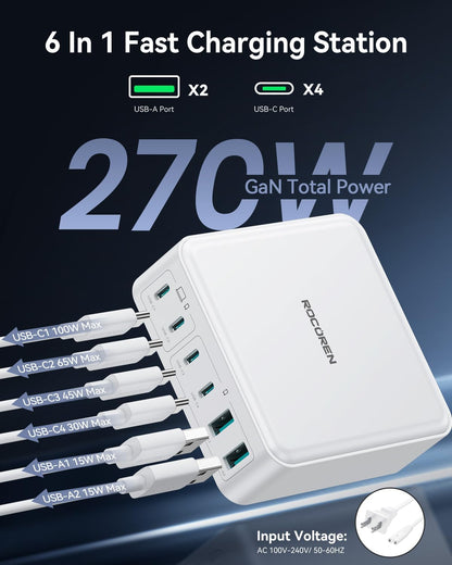 Rocoren 480W GaN 10‑Port Charging Station, PD 100W Fast USB‑C Charger Hub