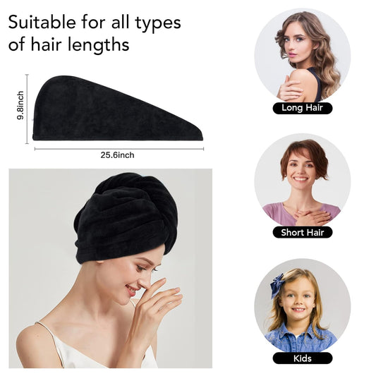 SINLAND Microfiber Hair Drying Cap Hair Towel Turban Twist for Women Fast Drying Towels Head Turban Absorbent Soft Lightweight 3 Pack Black