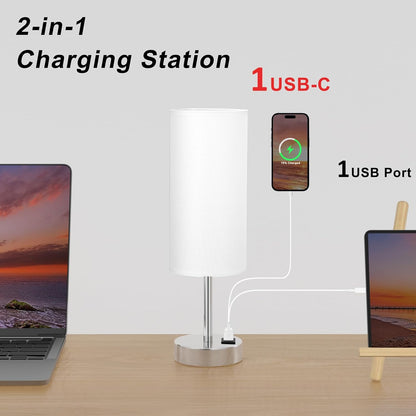 Dicoool Touch Table Lamp for Bedroom, 3 Way Dimmable Bedside Lamp with USB C & A Charging Ports - Small Desk Lamp for Dorm Room, College, Kids, Office, Living Room, White