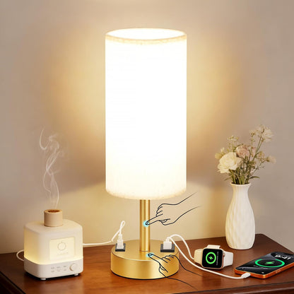 MOICO Bedside Table Lamp for Bedroom, 3-Way Dimmable Nightstand Lamp with USB C, USB A Ports & AC Outlet, Small Table Lamp Fabric Shade for Living Room Dorm Office, LED Bulb Included (14in Wood Grain)