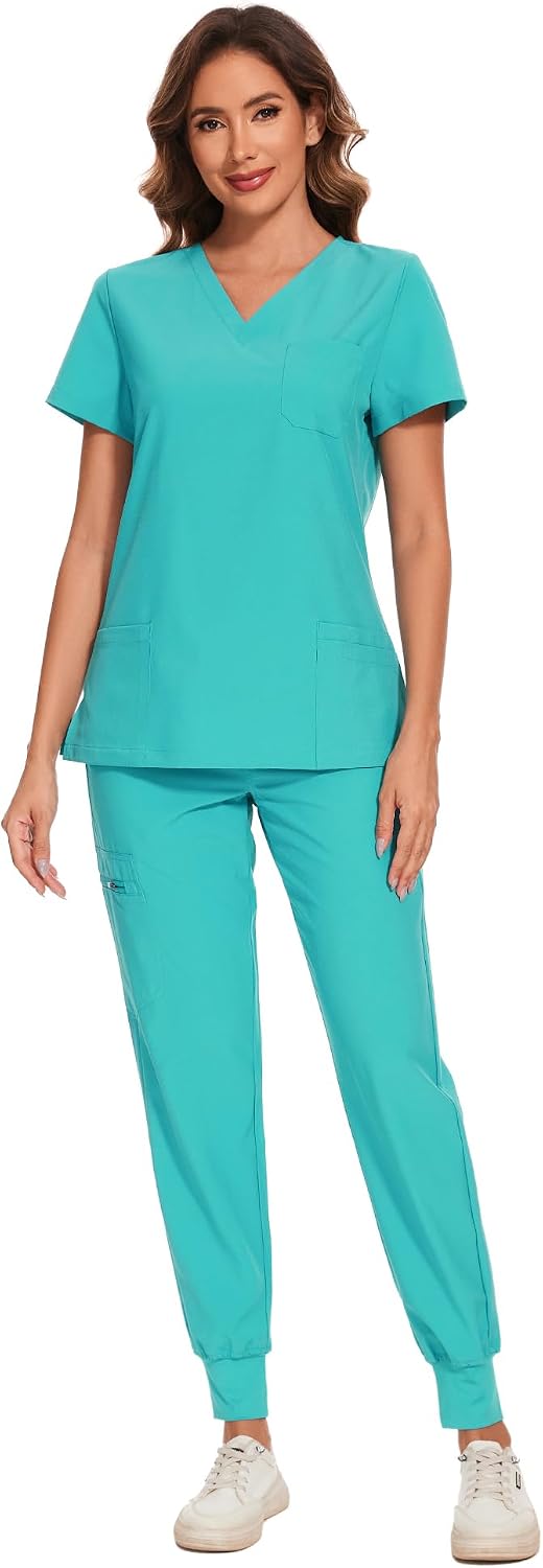 COZYFIT Scrubs for Women Set - Stretch V-Neck Scrub Top & Jogger Pant with 8 Pockets COZY SCRUBS - Colors C