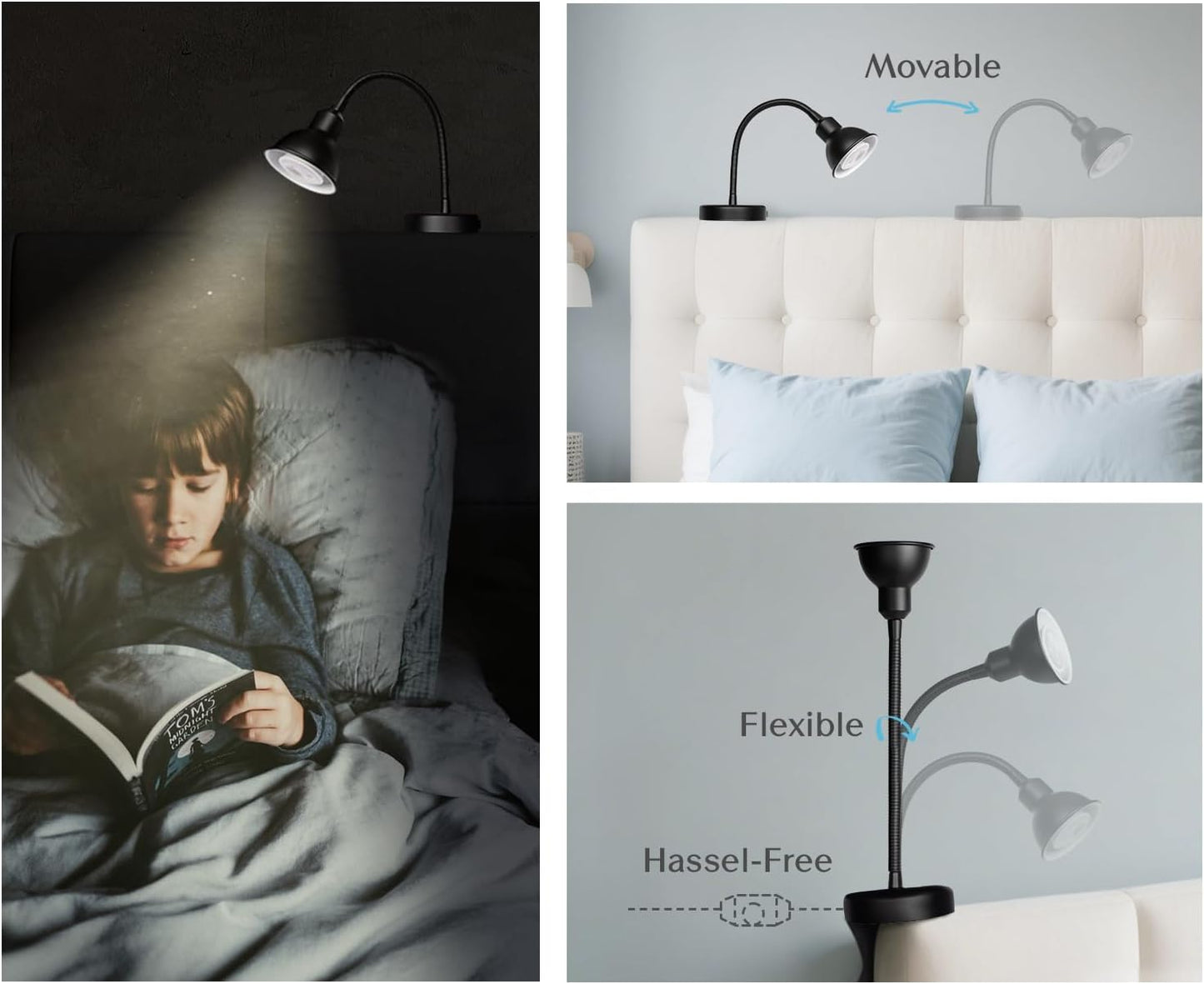 Solfres Patented Innovative Design Headboard Reading Light. No Drilling Golden Book Light for Bedtime Reading. Dimmable LED Book Reading Lamp with Bulb. Movable & Flexible, Black