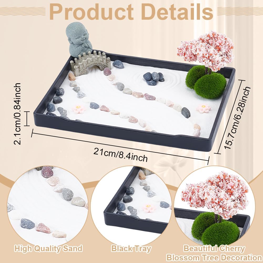WEBEEDY Mini Zen Garden Kit Japanese Style Sand Tray Kit Sand Garden for Desktop with Tray,Desk Sandbox Miniature Ornaments Kit for Home Office Desk Beautiful Decor Relaxation Meditation