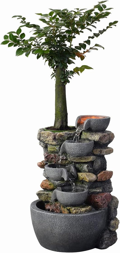 Haobos Indoor Fountain 4-Bowl Rockery Soothing Sound Tabletop Fountains Home/Office Decor Gift for Mom,Mother Day Present with A Small Plastic Pot to Grow Plant/Hebs By Yourself (Automatic Watering)