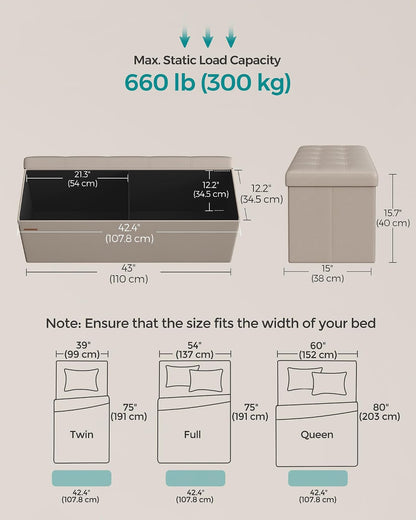 SONGMICS MAZIE Collection - 43 Inches Folding Storage Ottoman Bench, Ottoman with Storage, Foot Rest Stool, Load 660 lb, for Living Room, Synthetic Leather, Black ULSF701