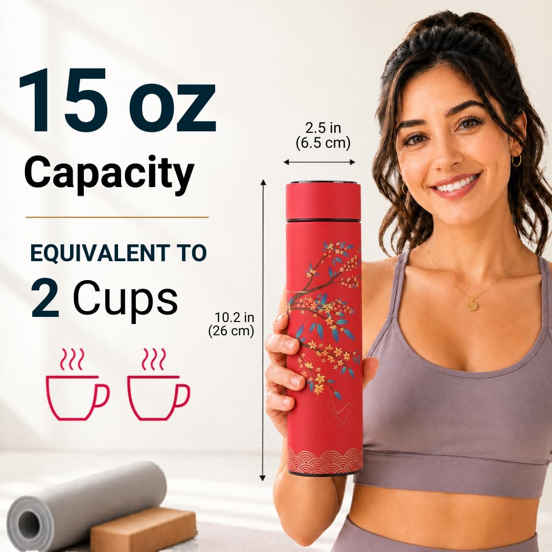 Farasi Tea Infuser for Loose Leaf Tea Smart Water Bottle with Fahrenheit Temperature Display, Stainless Steel Insulated Coffee and Fruit Tea Infuser Bottle - Floral Travel Tea Mugs 15 oz (Black)