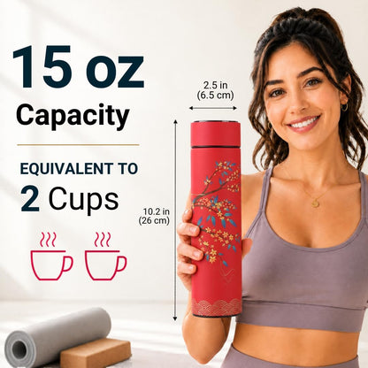 Farasi Tea Infuser for Loose Leaf Tea Smart Water Bottle with Fahrenheit Temperature Display, Stainless Steel Insulated Coffee and Fruit Tea Infuser Bottle - Floral Travel Tea Mugs 15 oz (Black)