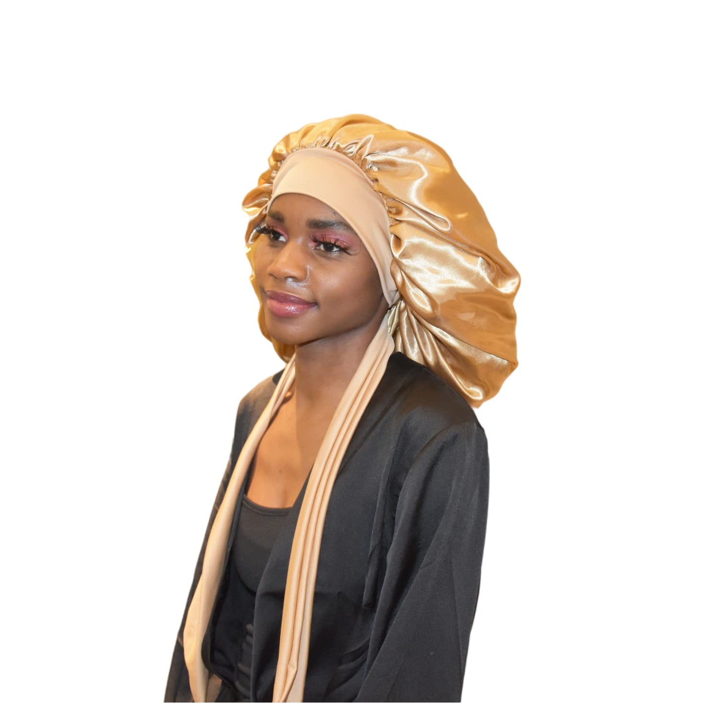 BONNET QUEEN Silk Bonnet for Sleeping for Women Satin Bonnet Night Cap for Curly Hair with Tie Band, Single Layer, Cream Pink