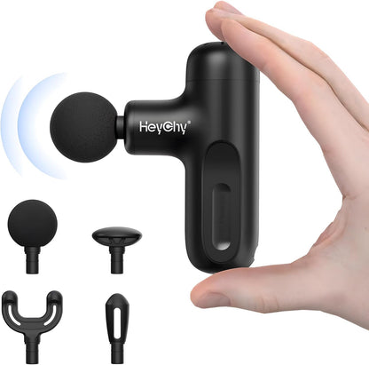 HEYCHY Super Mini Massage Gun Deep Tissue, Handheld Muscle Massager with 4 Heads, Percussion Travel Size Massager Gun FSA Eligible for Men Women Back Relief, Quiet for Home, Gym, Office, HSA, Black