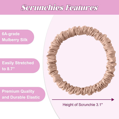4Pcs Mulberry Silk Scrunchies Set, Silk Hair Ties Elastic for Women, Skinny Scrunchies Reduces Breakage for All Hair Types