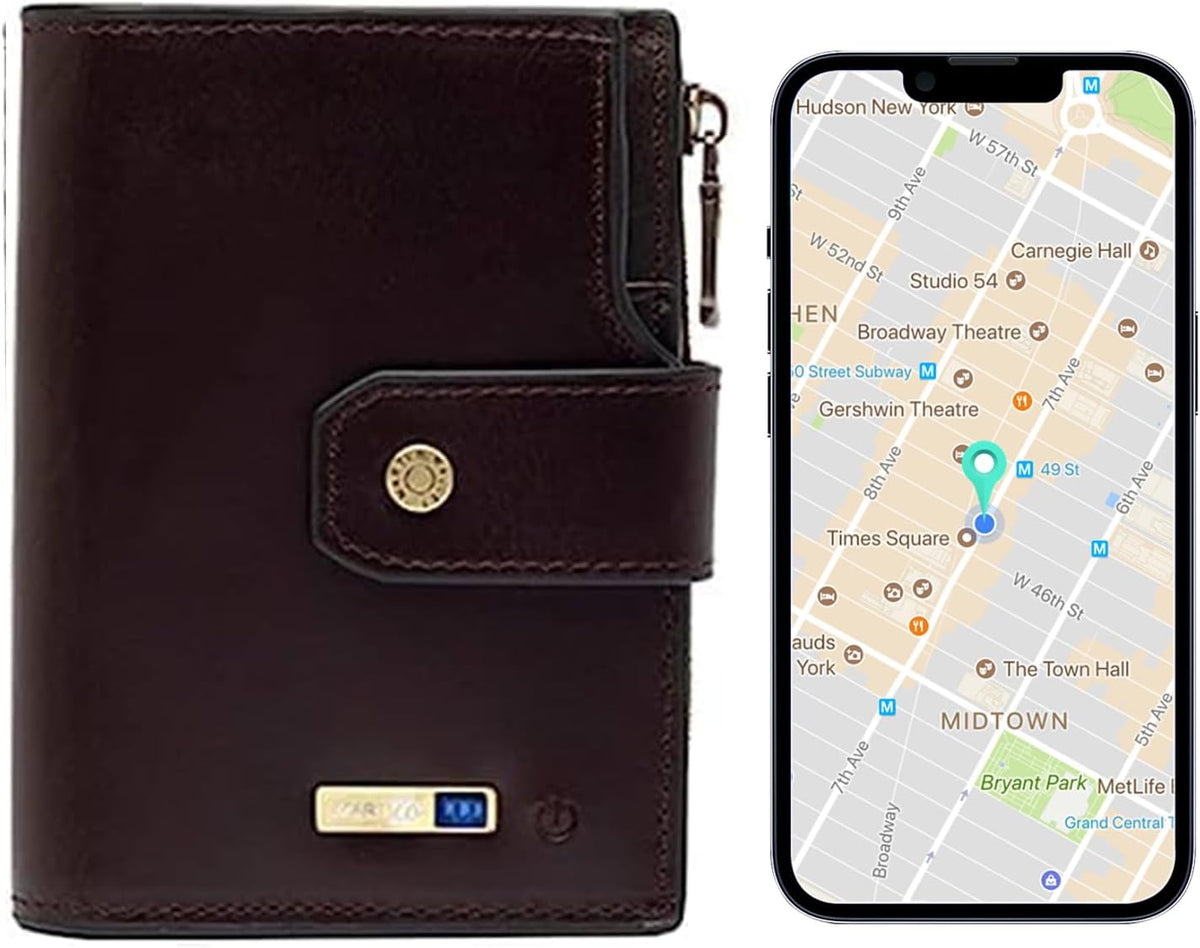 Anti-Lost Bluetooth Wallet Tracker Finder, Slim Trifold Cowhide Mens Wallet with ID Window Credit Card Holder Pocket (Coffee2-OLD)