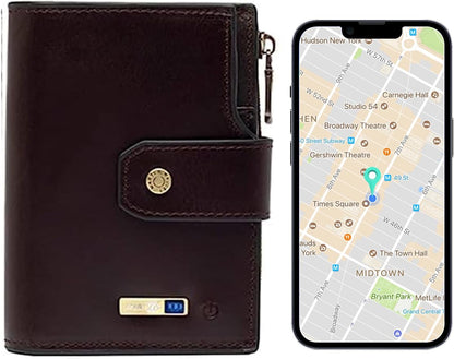 Anti-Lost Bluetooth Wallet Tracker Finder, Slim Trifold Cowhide Mens Wallet with ID Window Credit Card Holder Pocket (Coffee2-OLD)