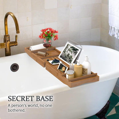 Bath Caddy Tray for Bathtub - Bamboo Adjustable Organizer Tray for Bathroom with Free Soap Dish Suitable for Luxury Spa or Reading