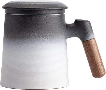 ZENS Embossed Ceramic Tea Mug with Infuser and Lid, 14.5 oz Wooden Handle, Loose Leaf Tea Steeper Cup & Strainer for Tea Lovers Gifts